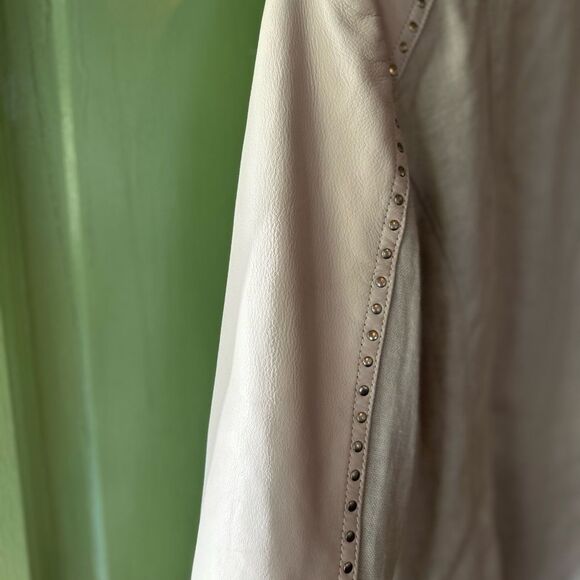 New LaMarque Tan Leather Linen moto biker studded zips Jacket small - Picture 7 of 13